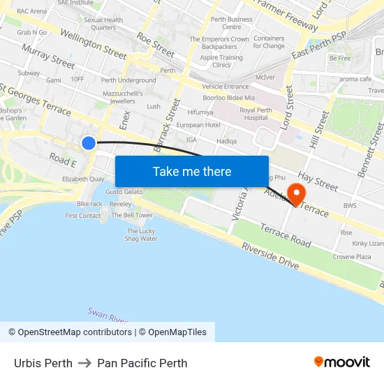 Urbis Perth to Pan Pacific Perth map