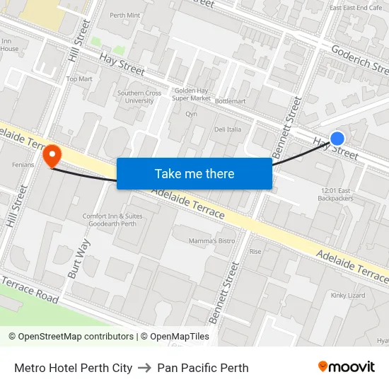 Metro Hotel Perth City to Pan Pacific Perth map