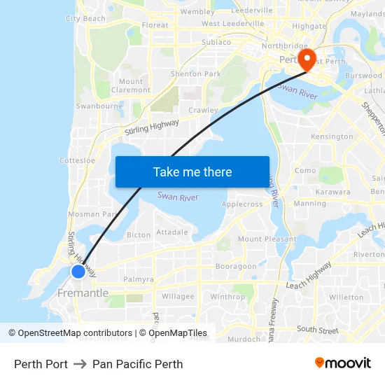 Perth Port to Pan Pacific Perth map