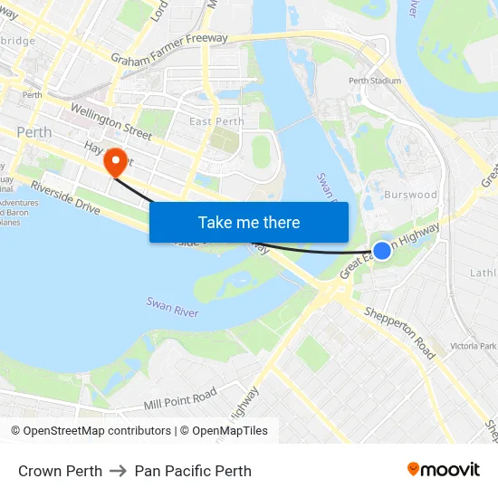 Crown Perth to Pan Pacific Perth map