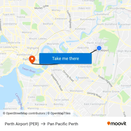 Perth Airport (PER) to Pan Pacific Perth map