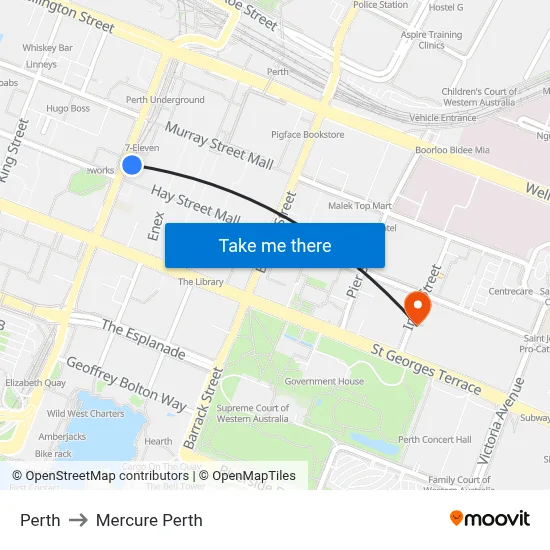 Perth to Mercure Perth map