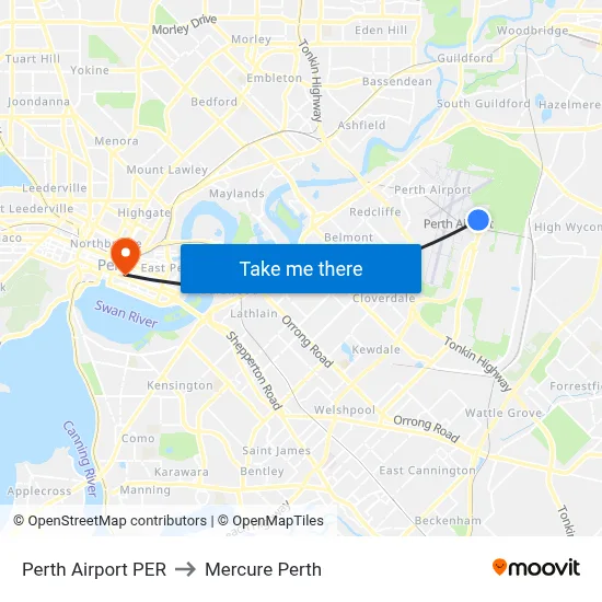 Perth Airport PER to Mercure Perth map