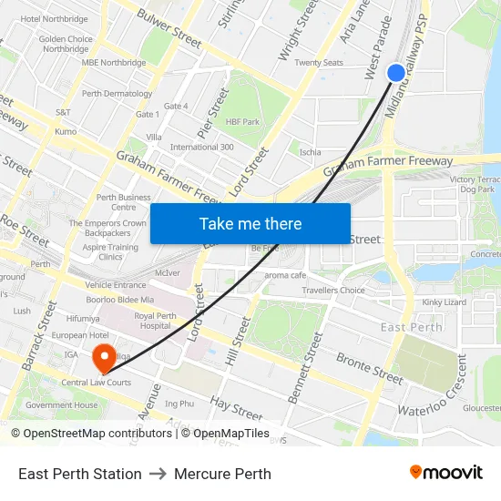 East Perth Station to Mercure Perth map