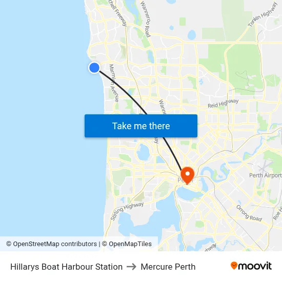 Hillarys Boat Harbour Station to Mercure Perth map