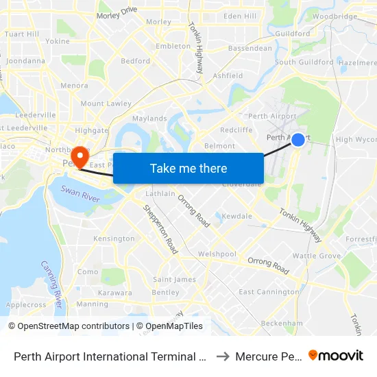 Perth Airport International Terminal T1 T2 to Mercure Perth map