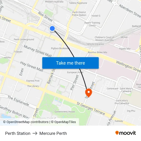 Perth Station to Mercure Perth map
