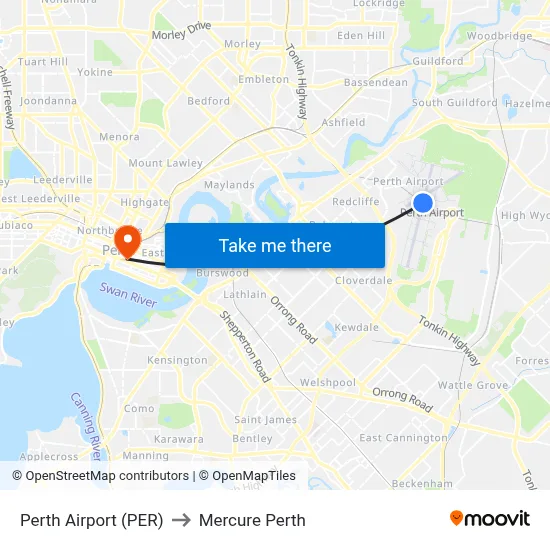 Perth Airport (PER) to Mercure Perth map