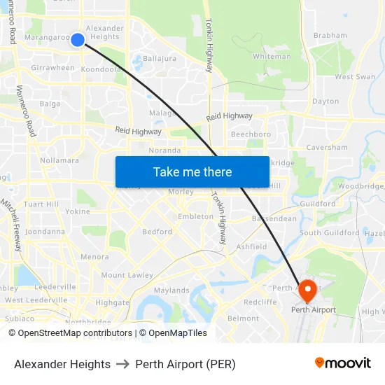Alexander Heights to Perth Airport (PER) map