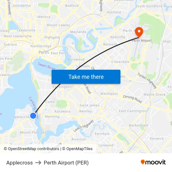 Applecross to Perth Airport (PER) map