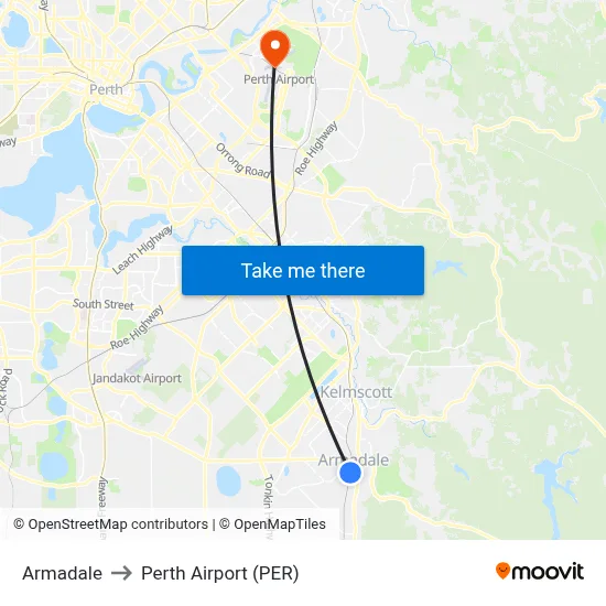 Armadale to Perth Airport (PER) map