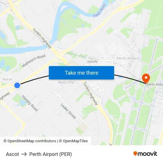 Ascot to Perth Airport (PER) map