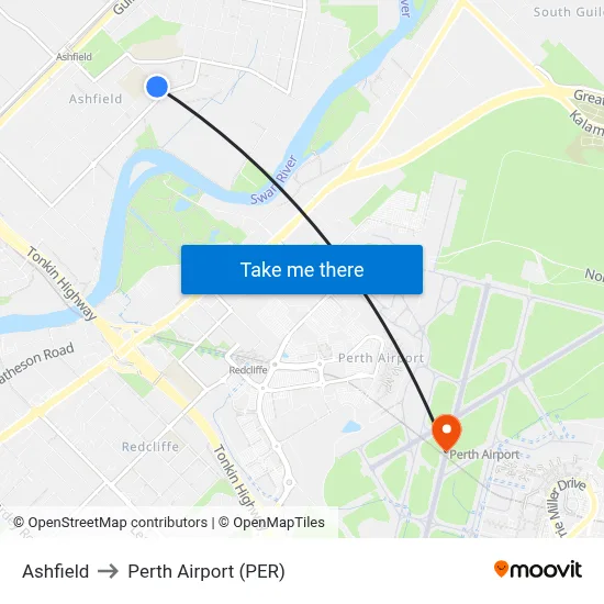 Ashfield to Perth Airport (PER) map