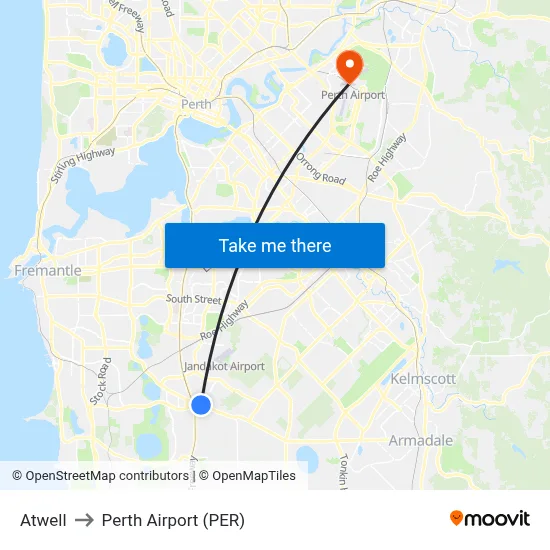 Atwell to Perth Airport (PER) map
