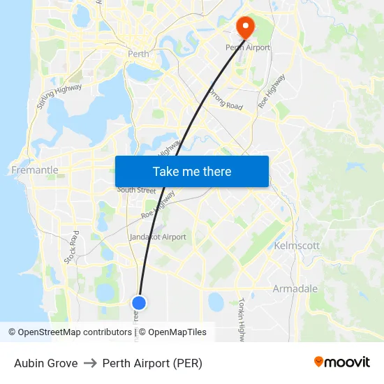 Aubin Grove to Perth Airport (PER) map