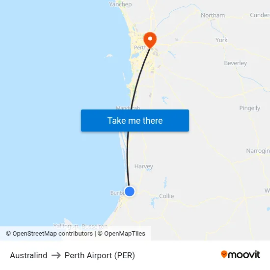 Australind to Perth Airport (PER) map