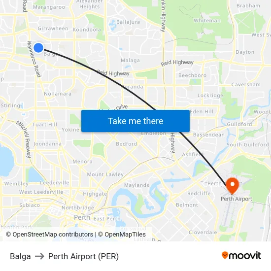 Balga to Perth Airport (PER) map