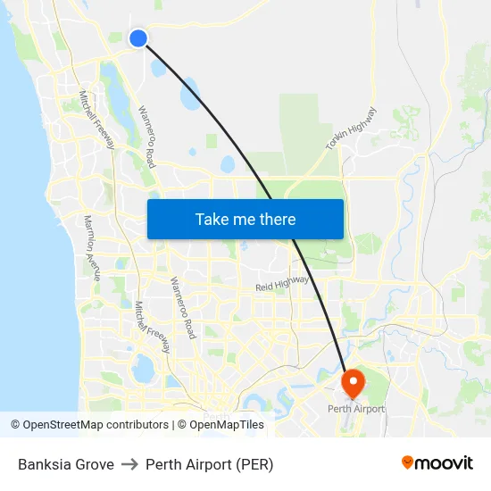 Banksia Grove to Perth Airport (PER) map