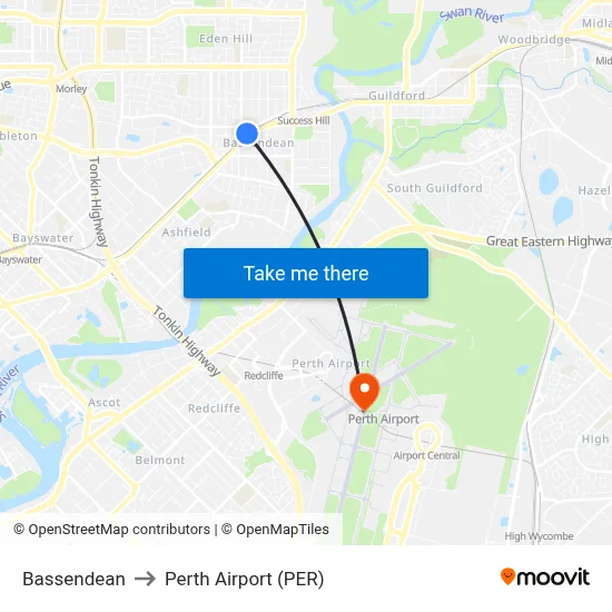 Bassendean to Perth Airport (PER) map