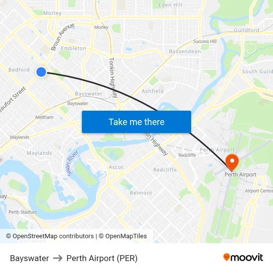 Bayswater to Perth Airport (PER) map