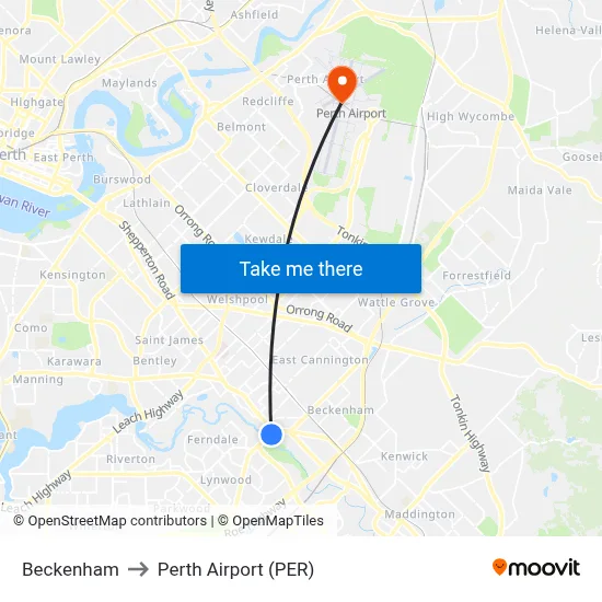 Beckenham to Perth Airport (PER) map