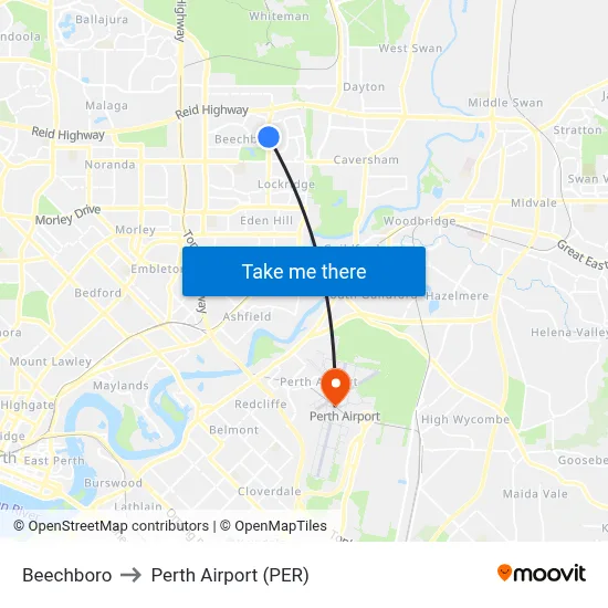 Beechboro to Perth Airport (PER) map
