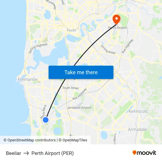 Beeliar to Perth Airport (PER) map