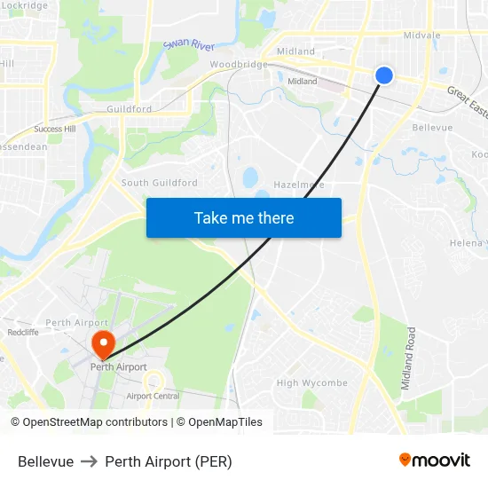Bellevue to Perth Airport (PER) map