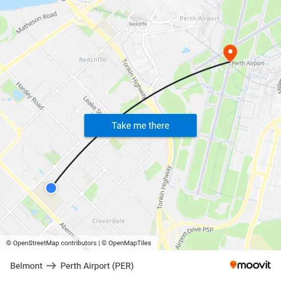 Belmont to Perth Airport (PER) map