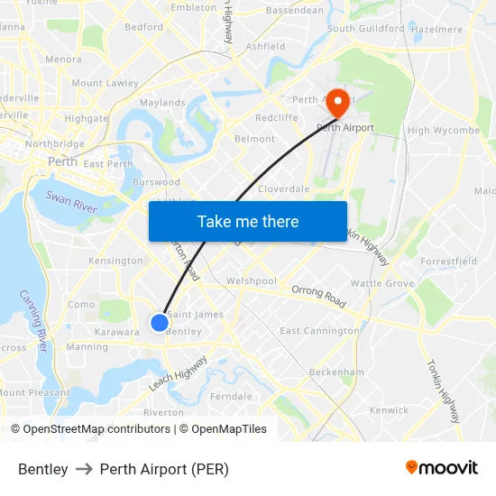 Bentley to Perth Airport (PER) map