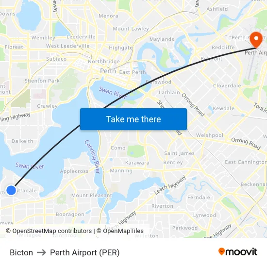 Bicton to Perth Airport (PER) map