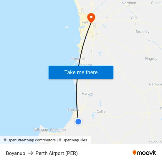 Boyanup to Perth Airport (PER) map