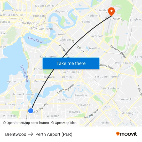 Brentwood to Perth Airport (PER) map