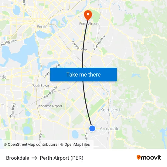 Brookdale to Perth Airport (PER) map