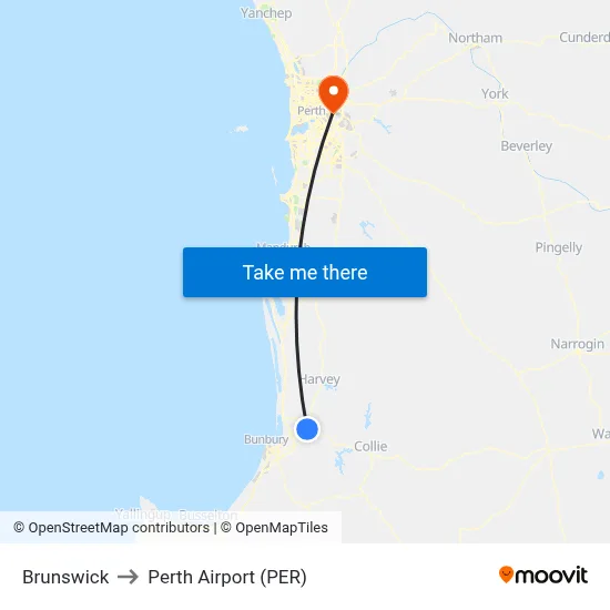 Brunswick to Perth Airport (PER) map