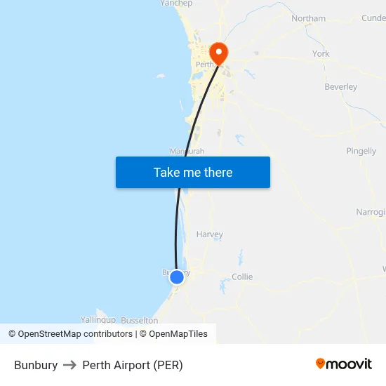 Bunbury to Perth Airport (PER) map