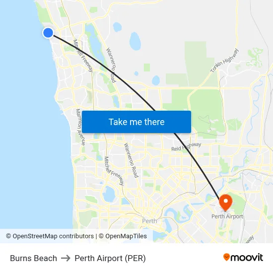 Burns Beach to Perth Airport (PER) map