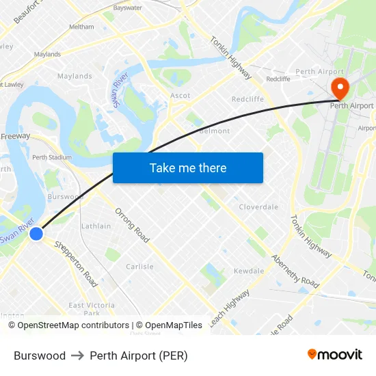 Burswood to Perth Airport (PER) map