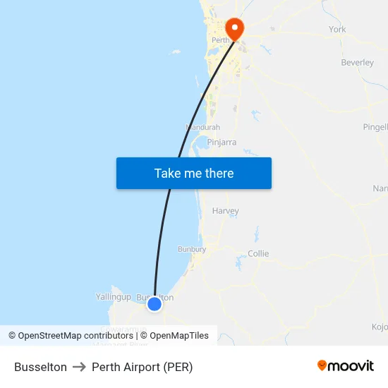 Busselton to Perth Airport (PER) map
