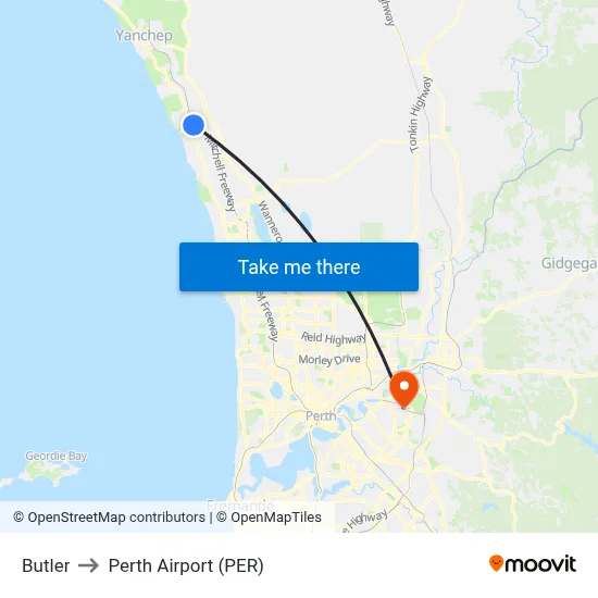 Butler to Perth Airport (PER) map