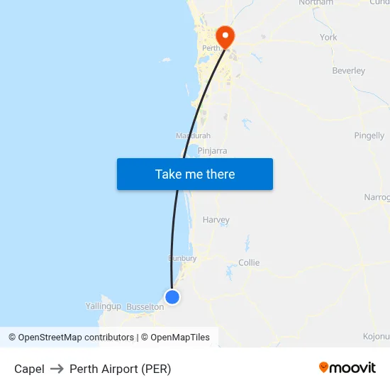 Capel to Perth Airport (PER) map