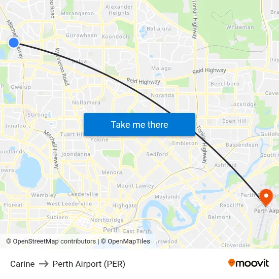 Carine to Perth Airport (PER) map