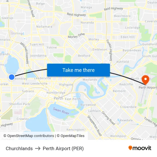 Churchlands to Perth Airport (PER) map