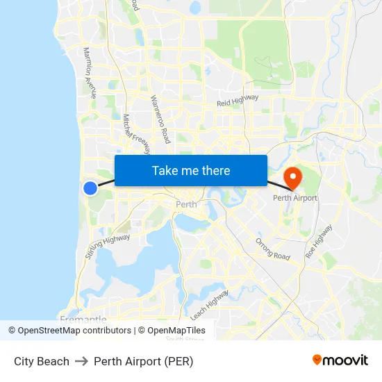 City Beach to Perth Airport (PER) map