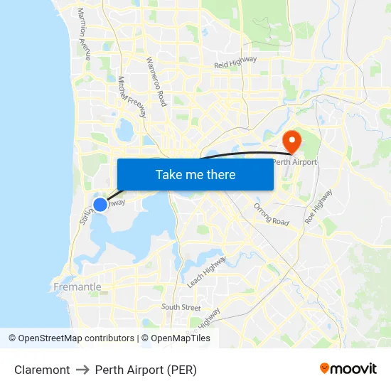 Claremont to Perth Airport (PER) map