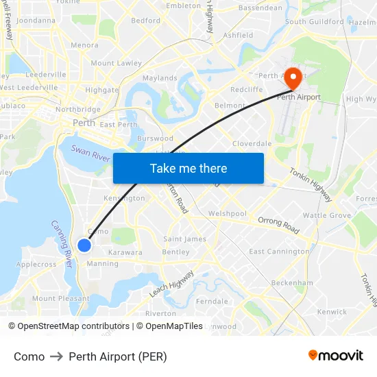 Como to Perth Airport (PER) map