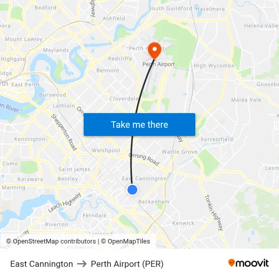East Cannington to Perth Airport (PER) map