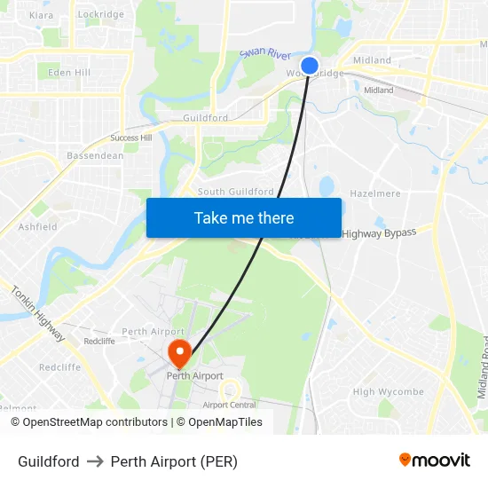 Guildford to Perth Airport (PER) map