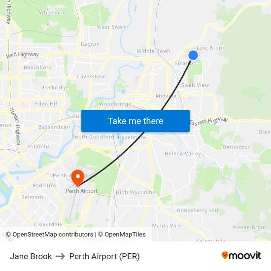 Jane Brook to Perth Airport (PER) map