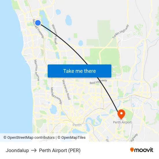 Joondalup to Perth Airport (PER) map